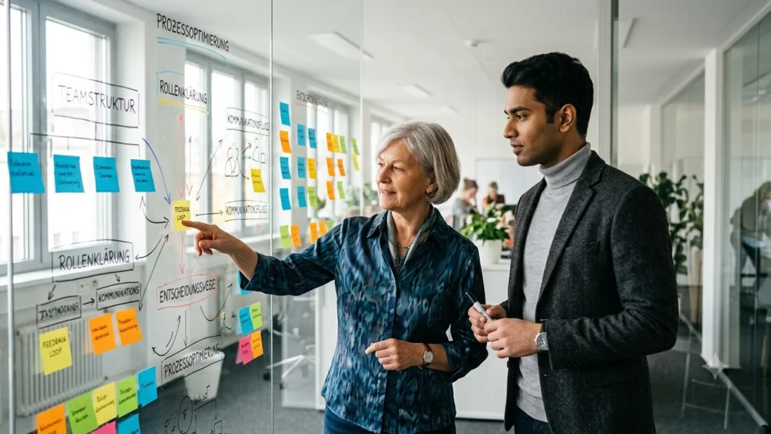 Eine Unternehmerin steht mit jüngerer Generation an einer mit Haftnotizen beklebten Glaswand und sie bearbeiten gemeinsam die Prozesslandkarte des Unternehmens.