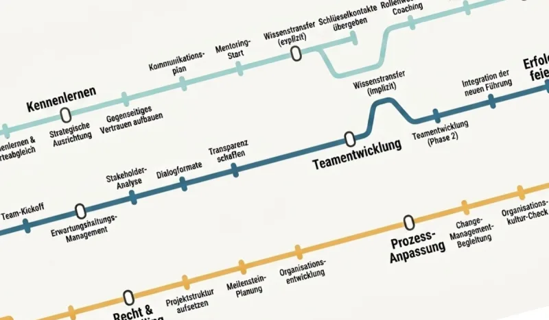 Prozesslandkarte im Stil eines Liniennetzplans: parallele Linien für Kennenlernen, Teamentwicklung und Prozess-Anpassung mit Stationen wie Team-Kickoff, Stakeholder-Analyse, Wissenstransfer und Integration der neuen Führung.